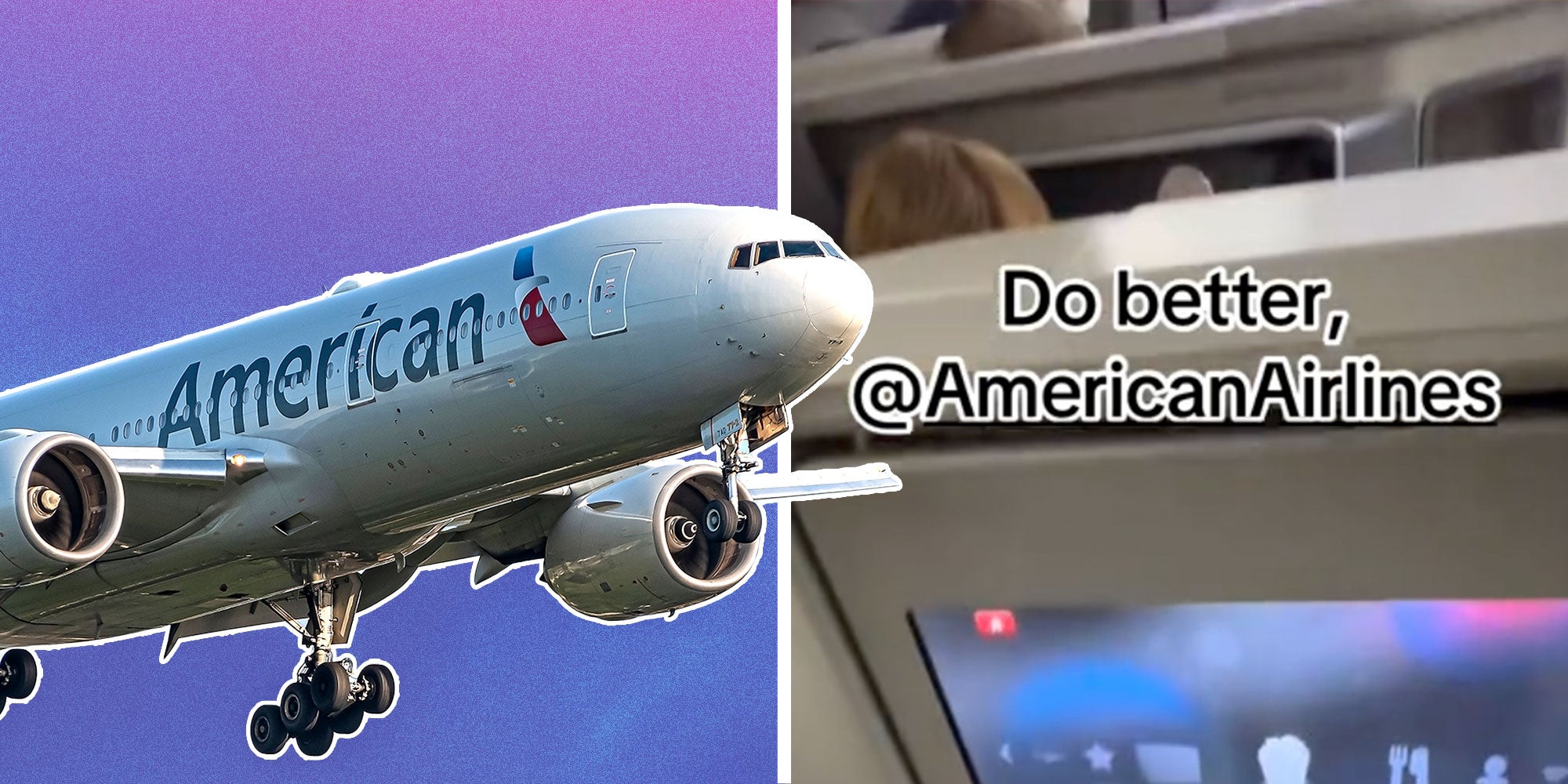 Photo of an American Airlines plane; Screenshot from Tiktok user @andreanotfromtrinidad with the Caption 'Do better, @AmericanAirlines'.