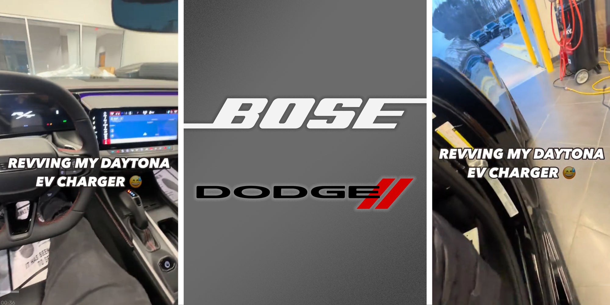 3 panel image: on the sides is the interior of a garage with a charging station and in the middle are the logos for Bose and Dodge.