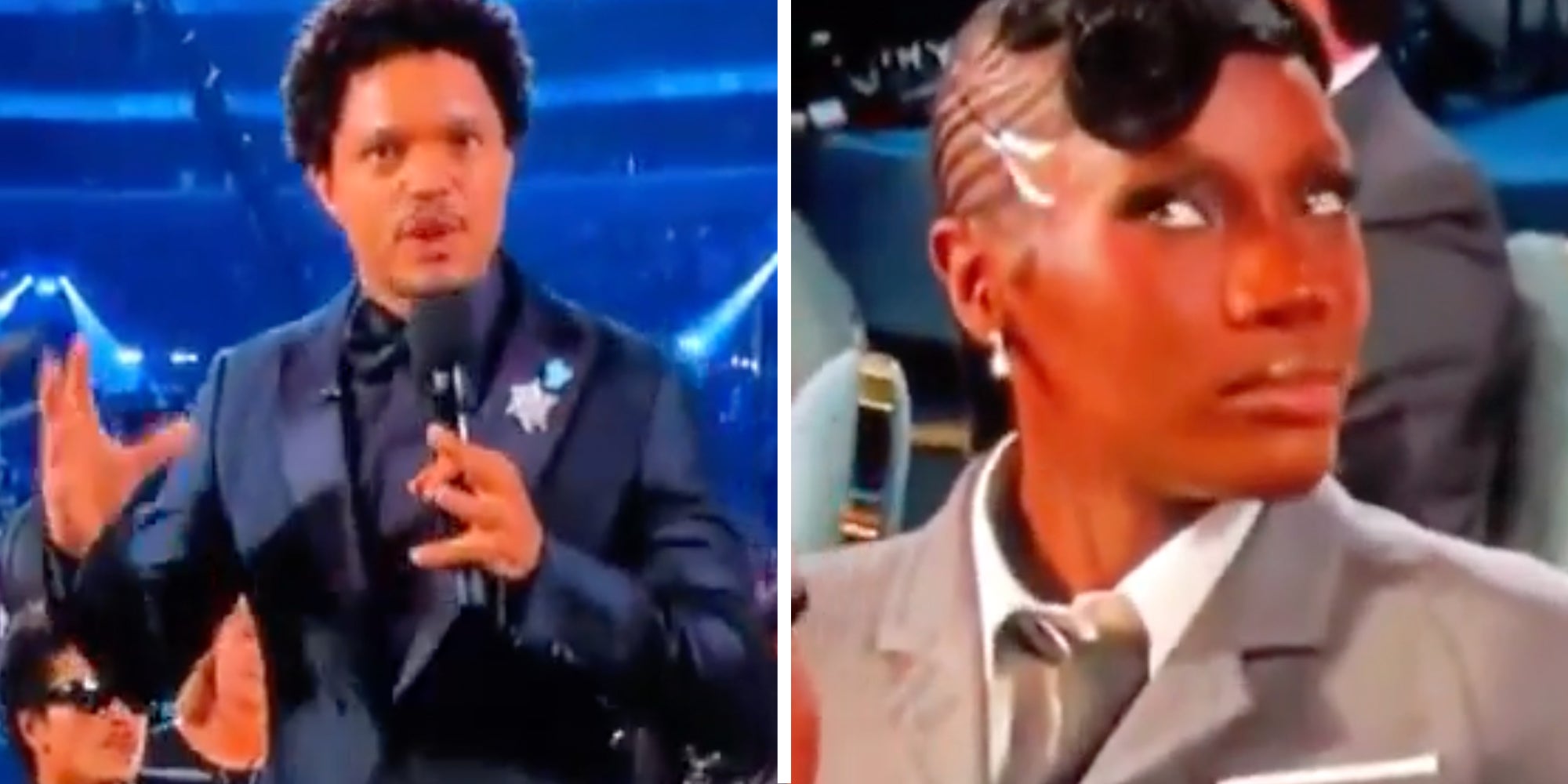 Trevor Noah talking into mic(l), Coechii rolling eyes(r)