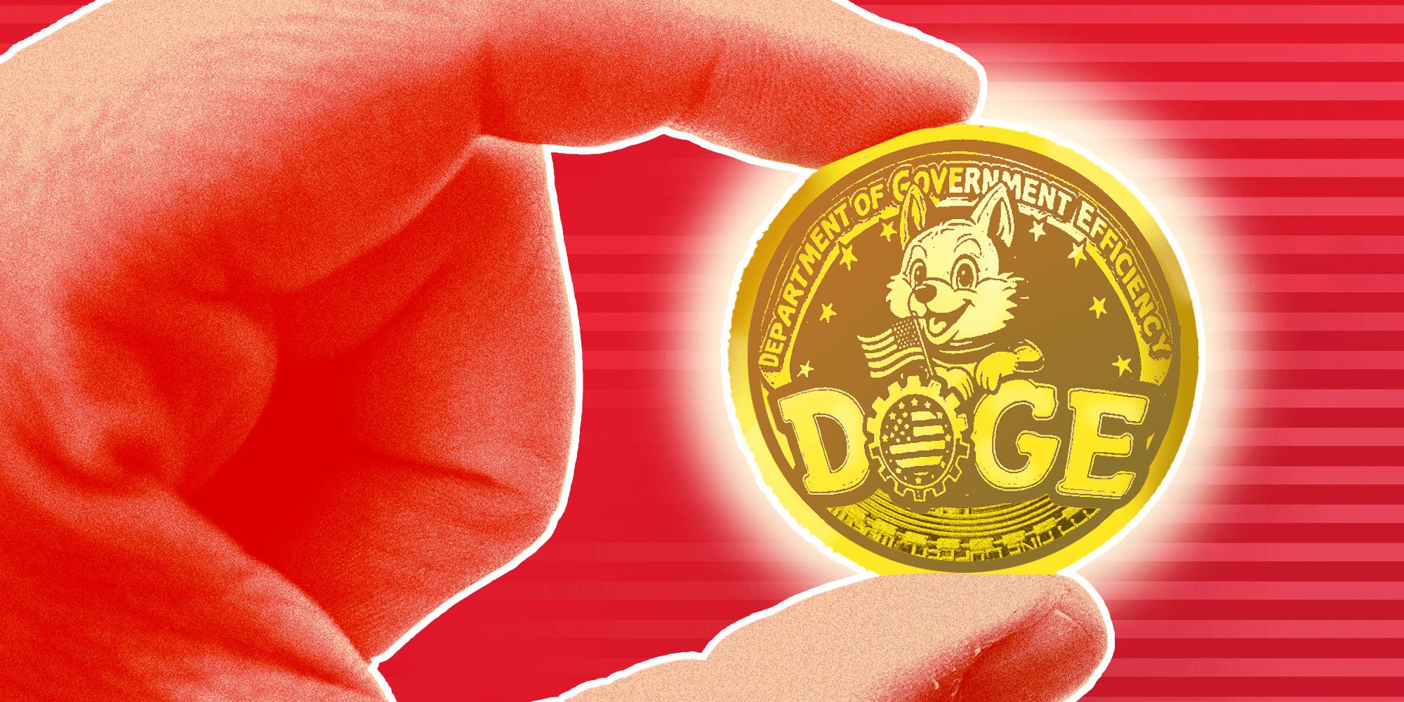 A hand holding a crypto coin with the DOGE logo.