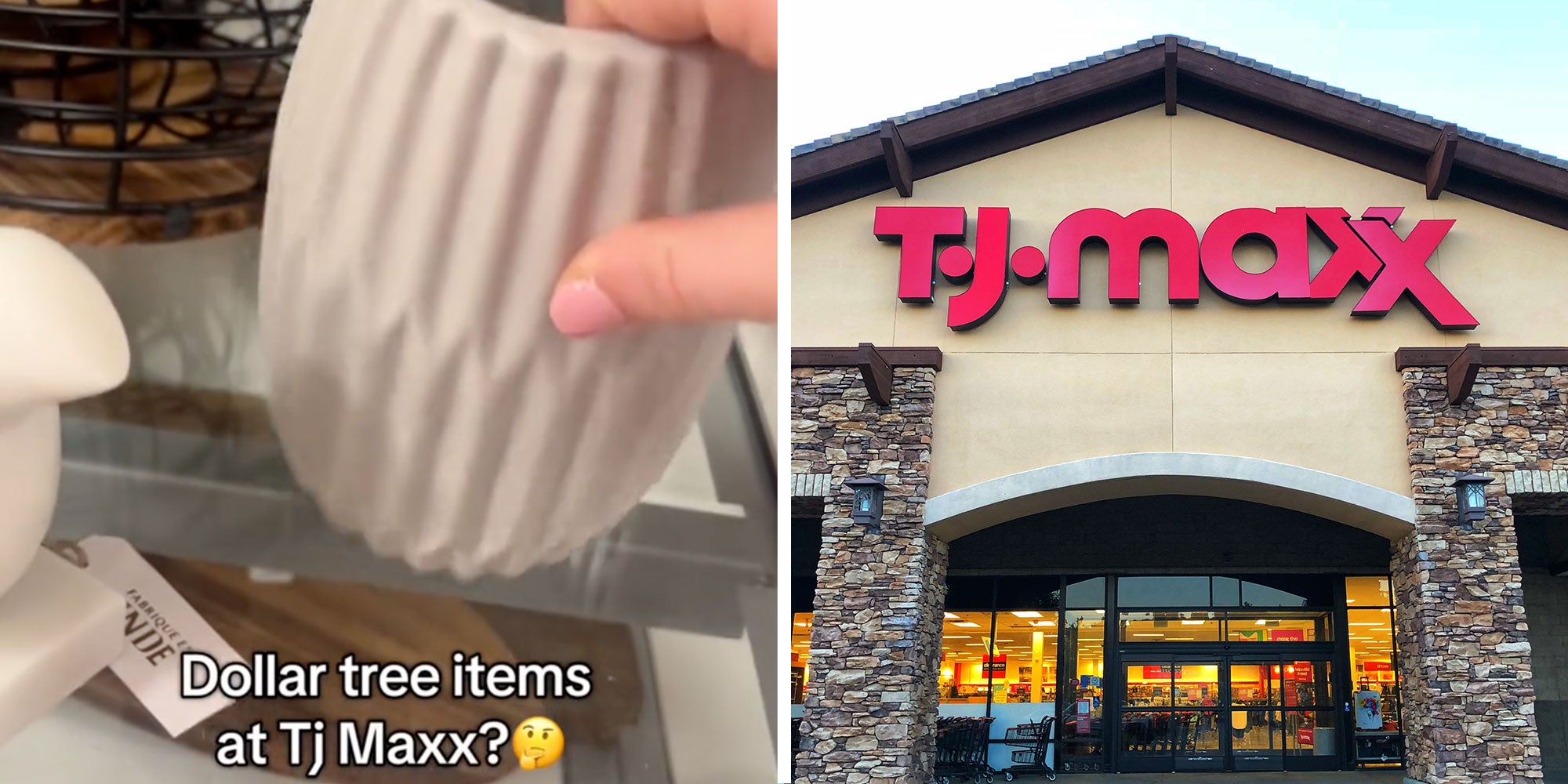 Screenshot of @krista144's Tiktok with the caption 'Dollar tree items at Tj Maxx?'; Photo of a TJ Maxx exterior