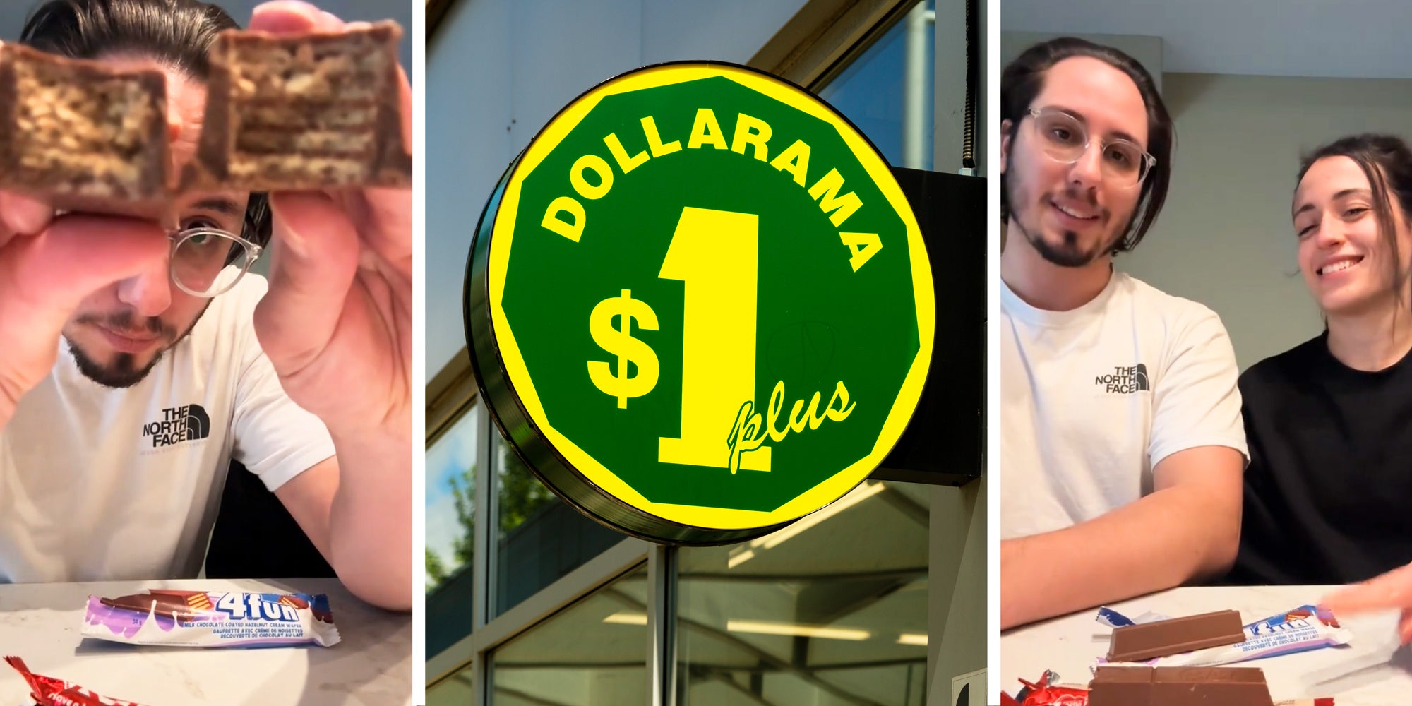 3 panel image: in the middle is the Dollarama store sign and on the sides two people explain about chocolate.