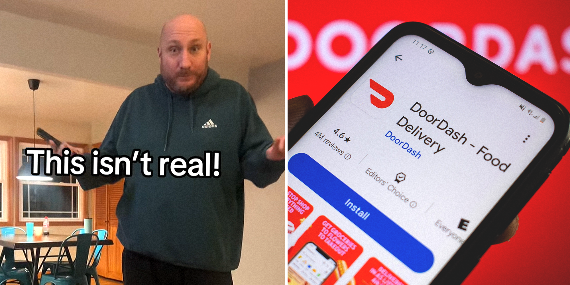 Man shrugging his shoulders with confused look on his face and phone in hand with overlaying text that reads 'This isn't real!' on the left. Phone screen of Door Dash app in App Store on right.
