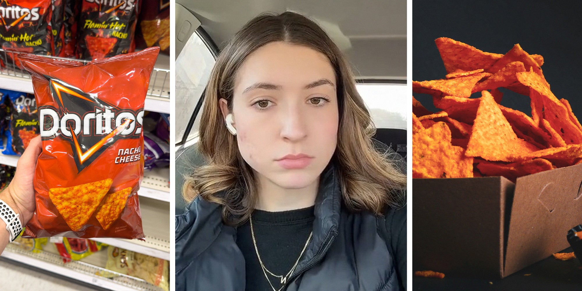 Doritos Chips(l) Woman shares what regular doritos are(c) Doritos in a cardboard basket(r)