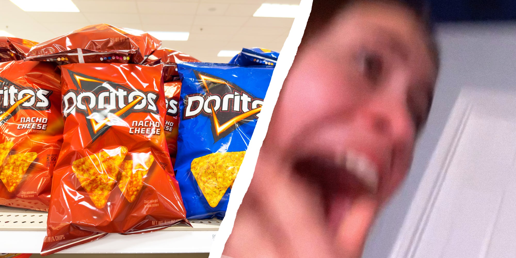 2 panel image: on the left a shelf of Doritos chips and on the right a person makes a surpised face.
