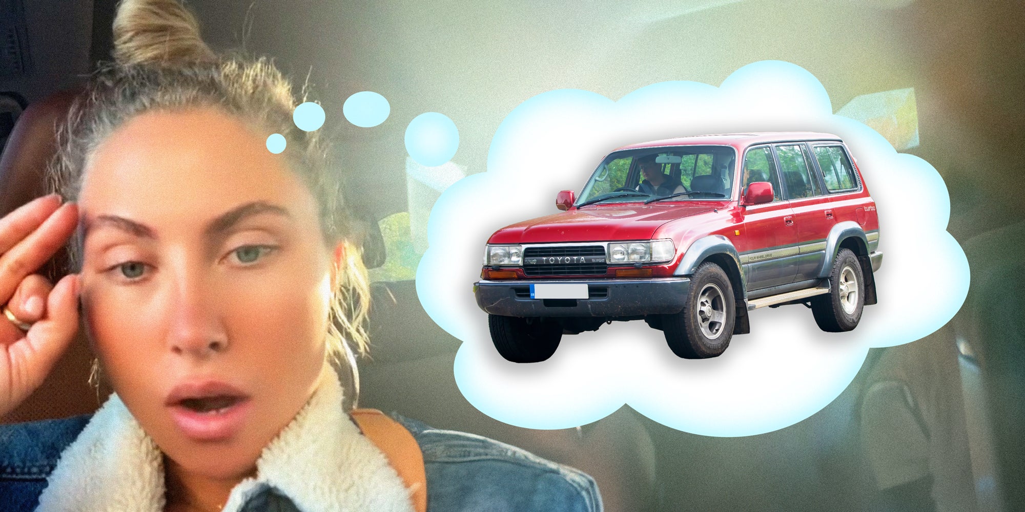 A photo collage image of a person talking and a dream bubble floats out of their head and inside is a 1990's Toyota Landcruiser.