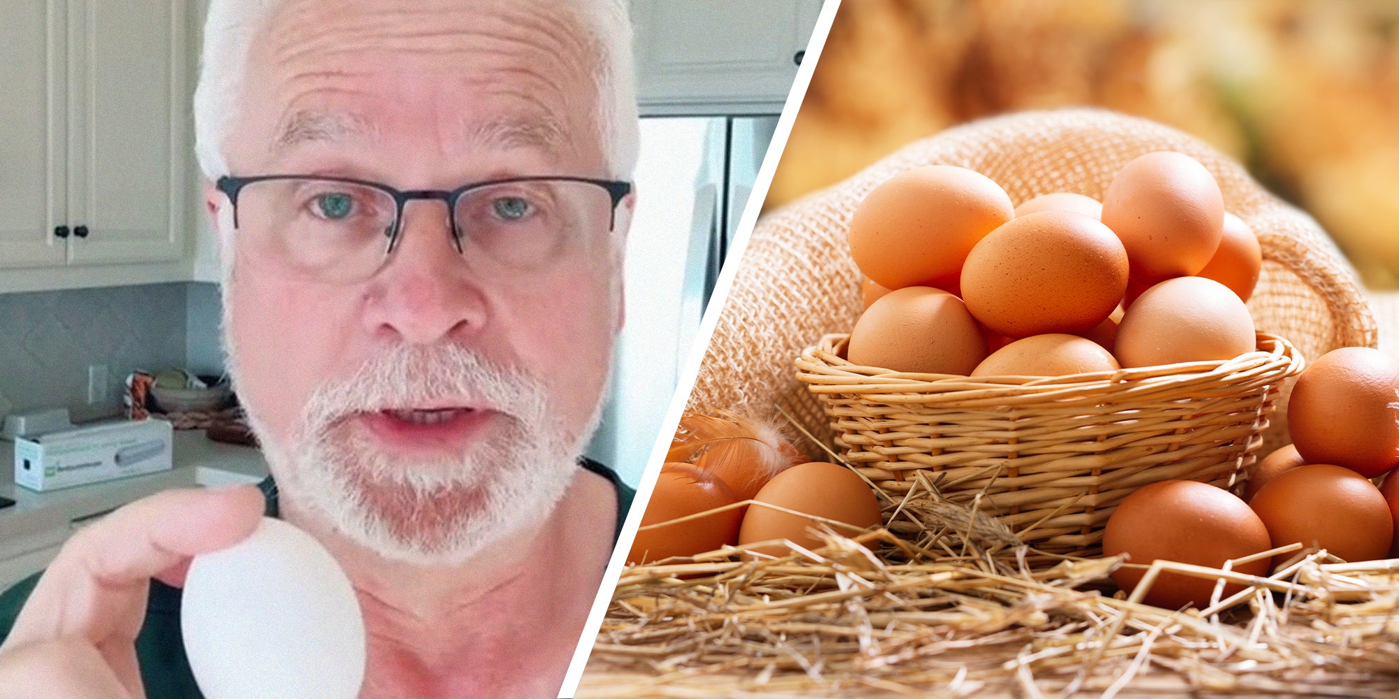 man holding up white egg(l) Basket of eggs(r)