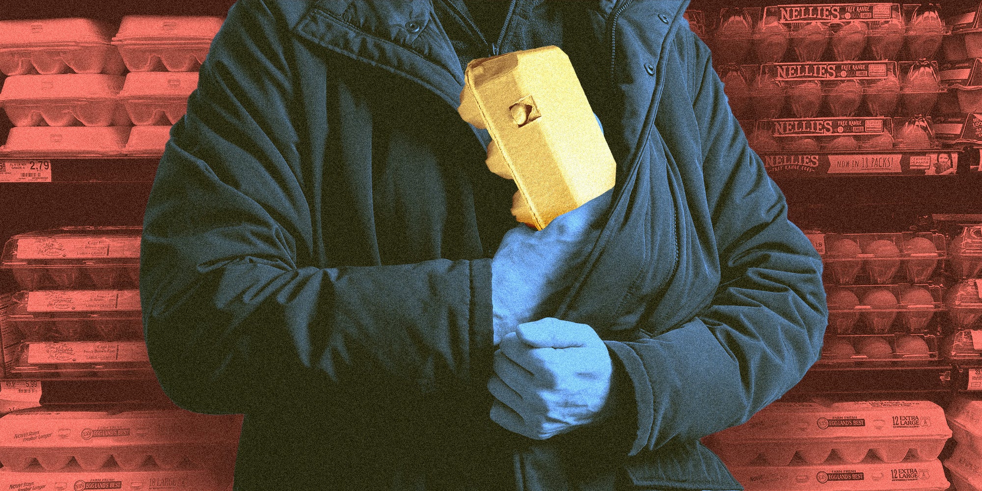 A man in front of the egg section at a grocery store tucking a carton of eggs into his coat.