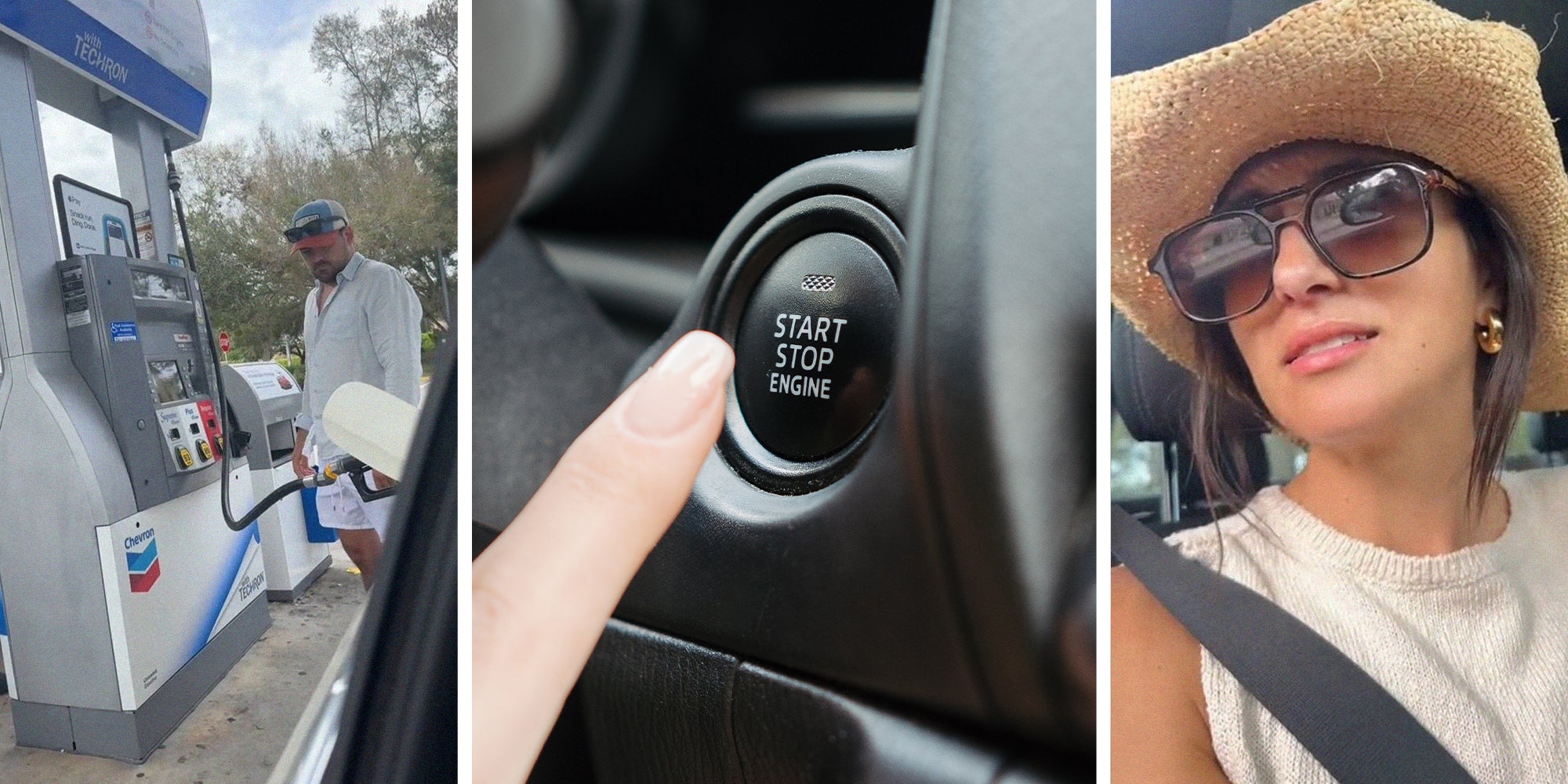 man pumping gas at gas station(l) Finger about to press push to start button on vehicle(c) Woman wearing a hat and sunglasses(r)