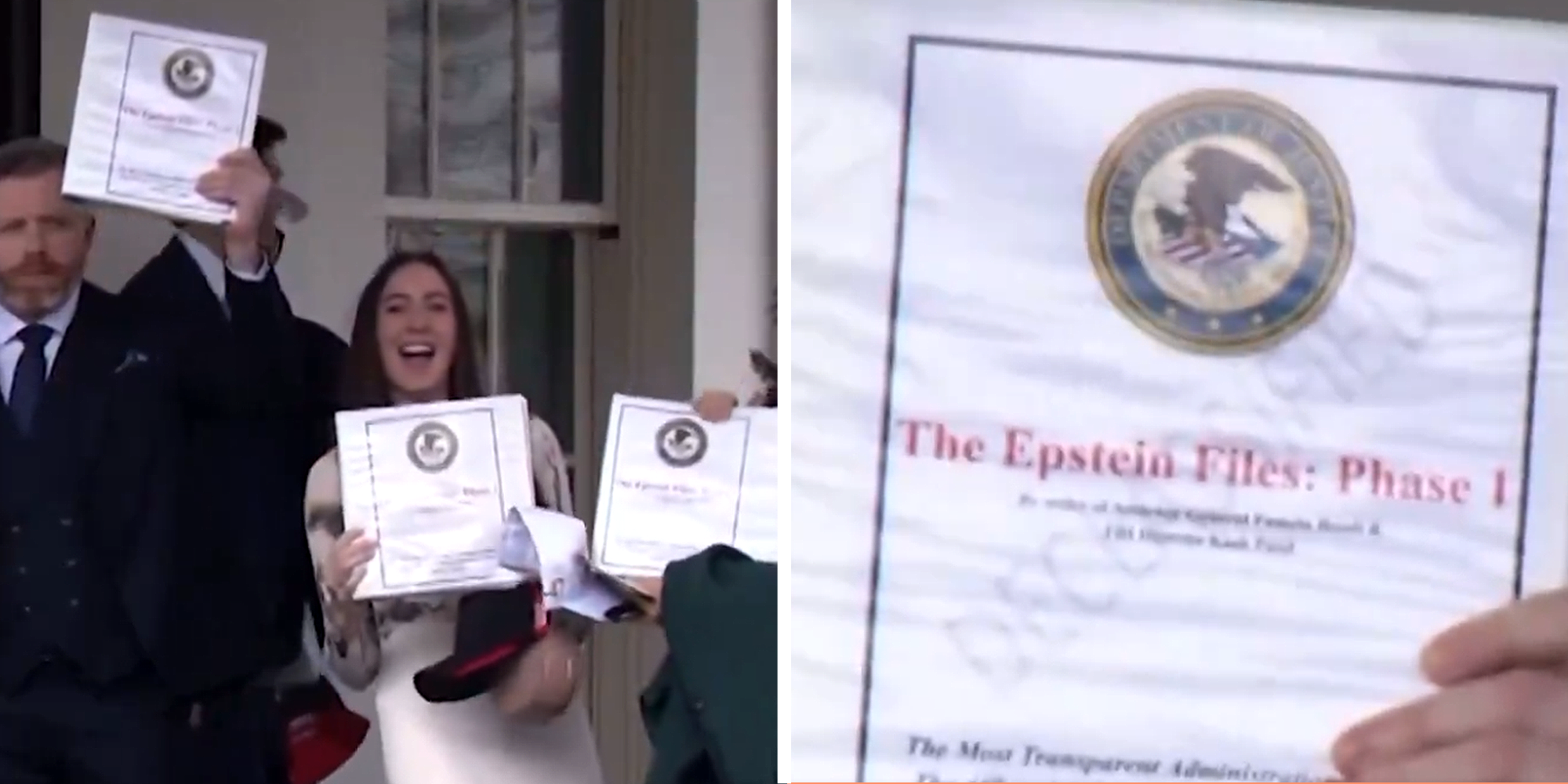 MAGA influencers holding binders that read :The Epstein Files: Phase 1' on left. Close up of binder on right.