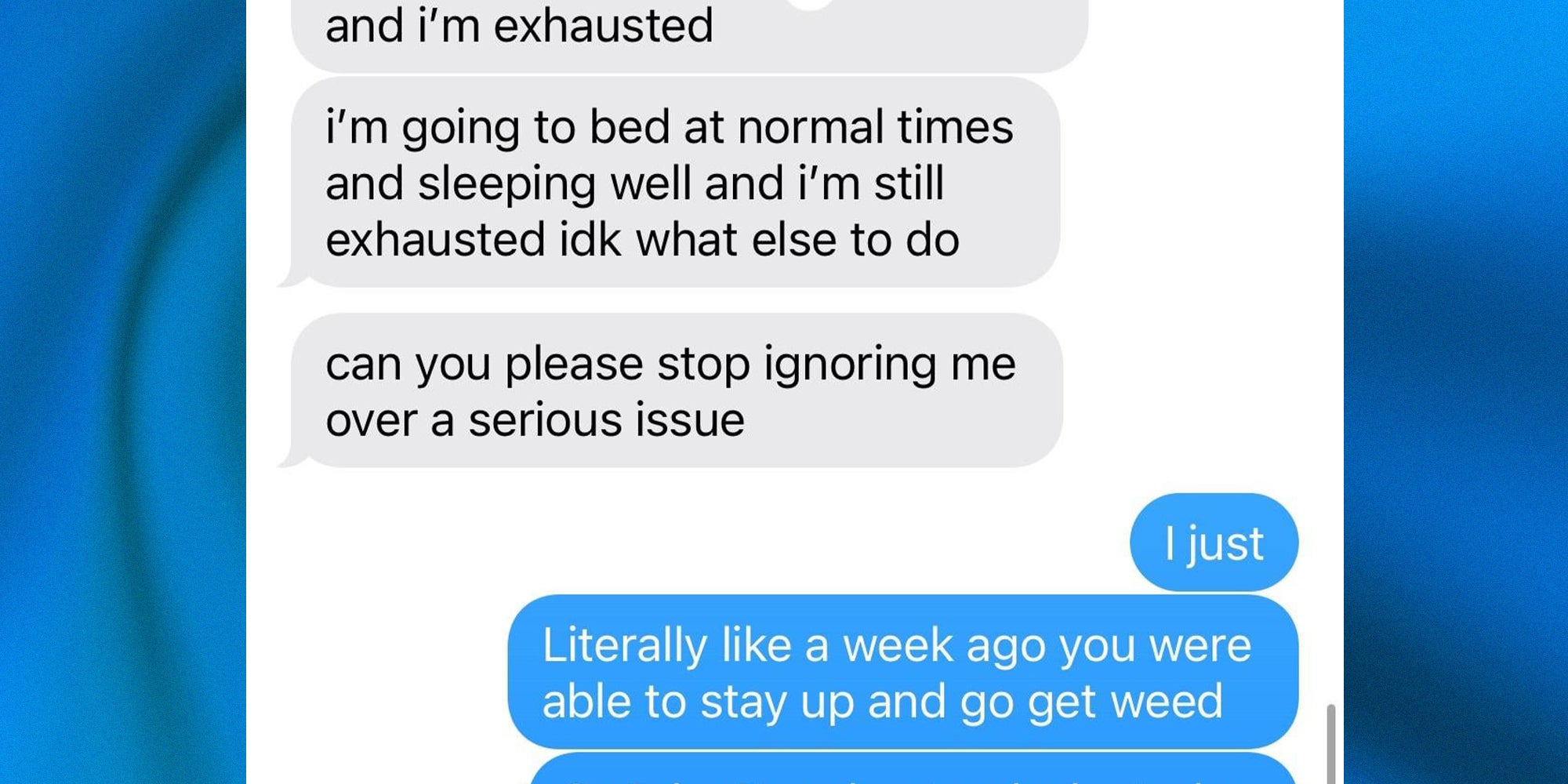 screengrab of text messages behind blue background