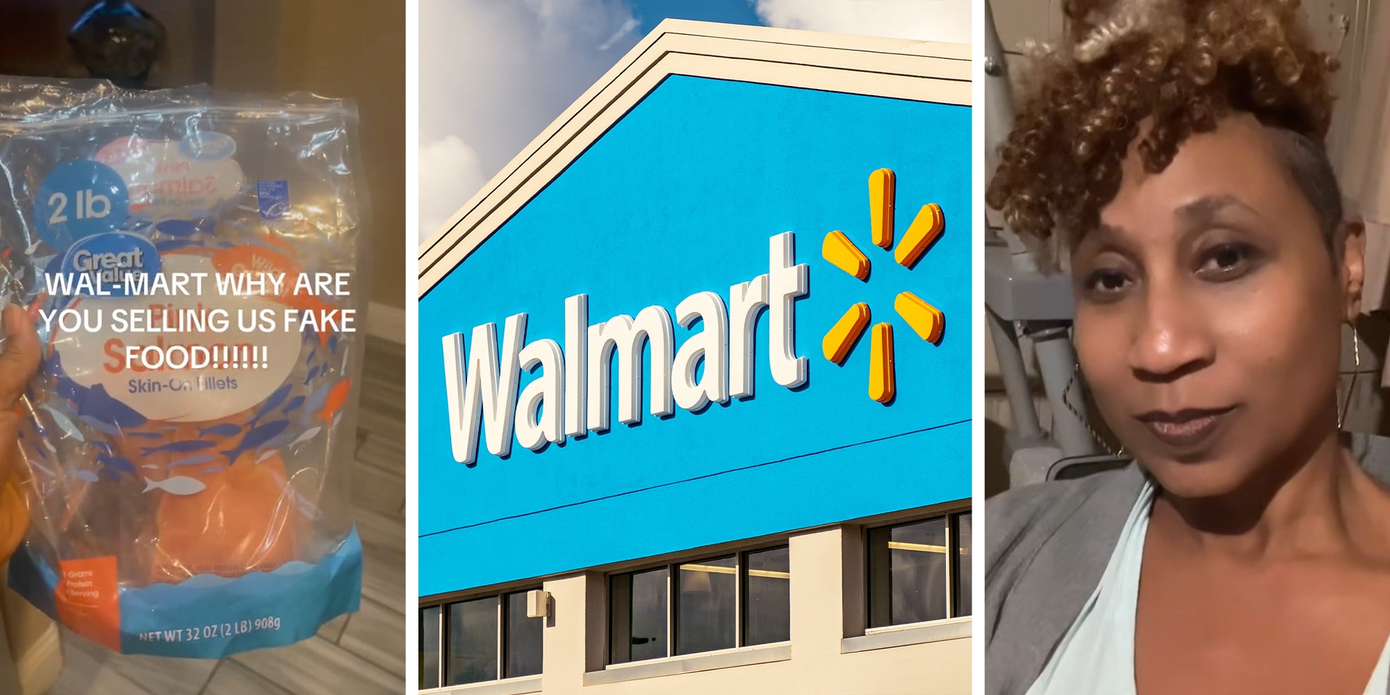 Great value salmon(l) Walmart Store Front(c) Woman shares what she bought at walmart(r)