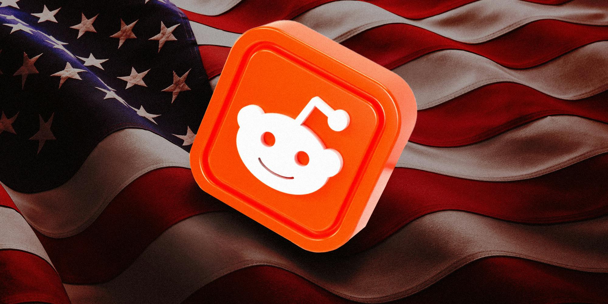 Reddit logo floating above the American Flag.