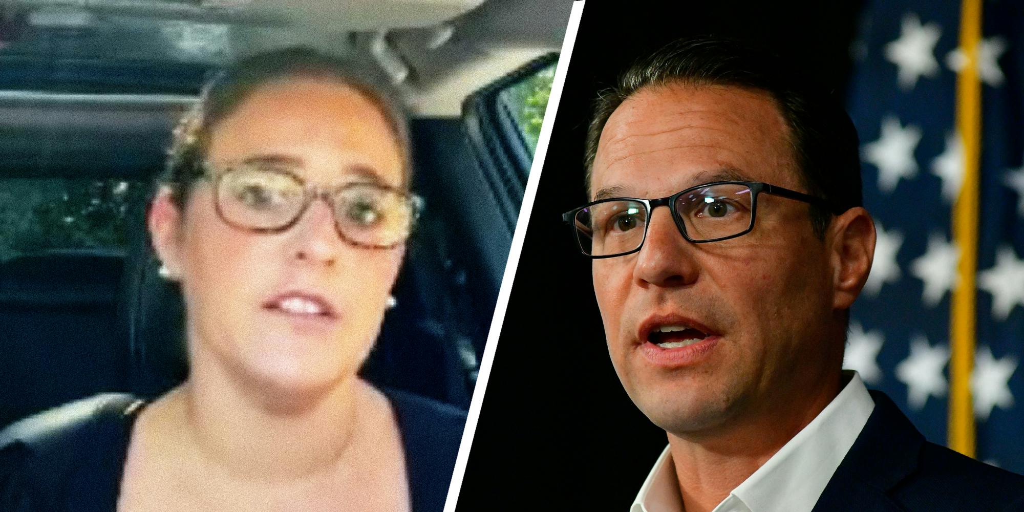 2 panel image: on the left Hadassah Feinberg explains while sitting in her car, on the right Governor Josh Shapiro speaks.