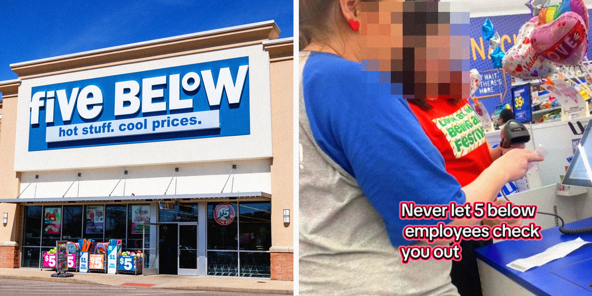 2 panel image: on the left a Five Below store and on the right a scene from the checkout line.