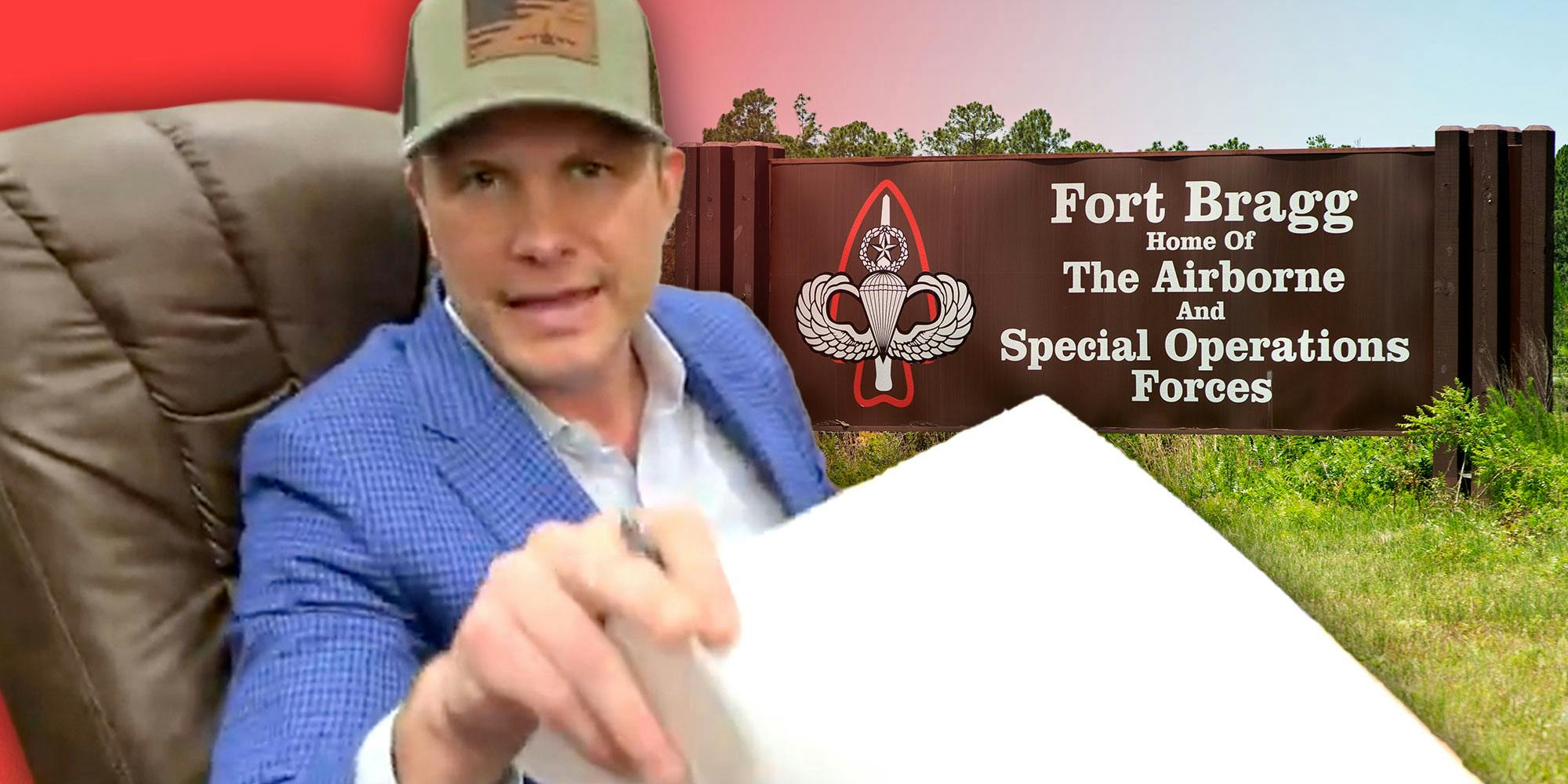 Screenshot of Secretary of Defense Pete Hegseth from X; Exterior sign of Fort Bragg.