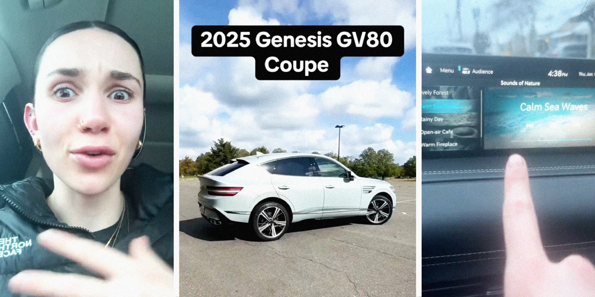 3 panel image: on the sides a person explains and in the middle is a car with text over: 2025 Genesis GV80 Coupe.