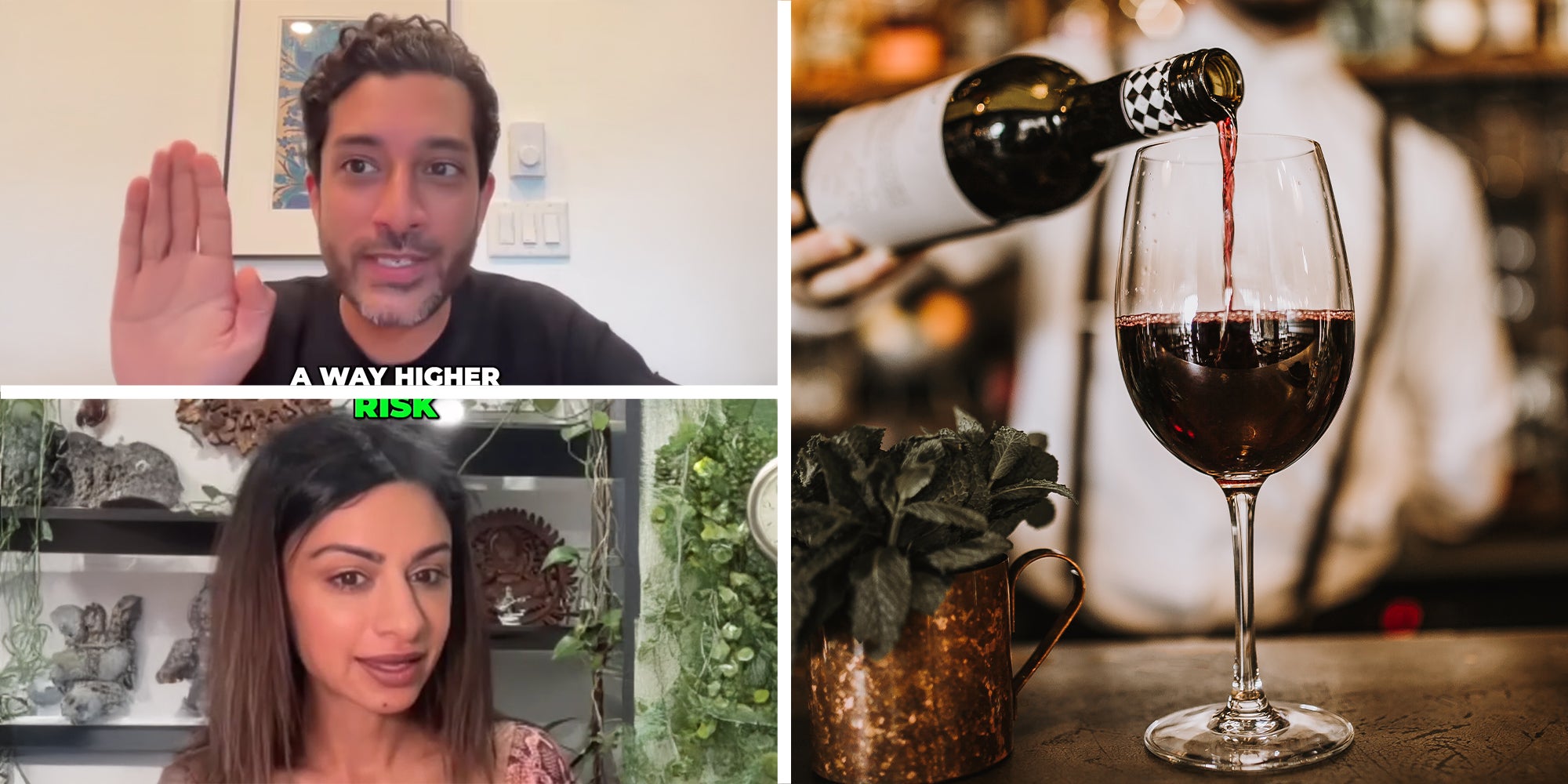 Man raising his hands up(UL) Woman sharing information about wine(LL) Man pouring wine on glass cup(r)