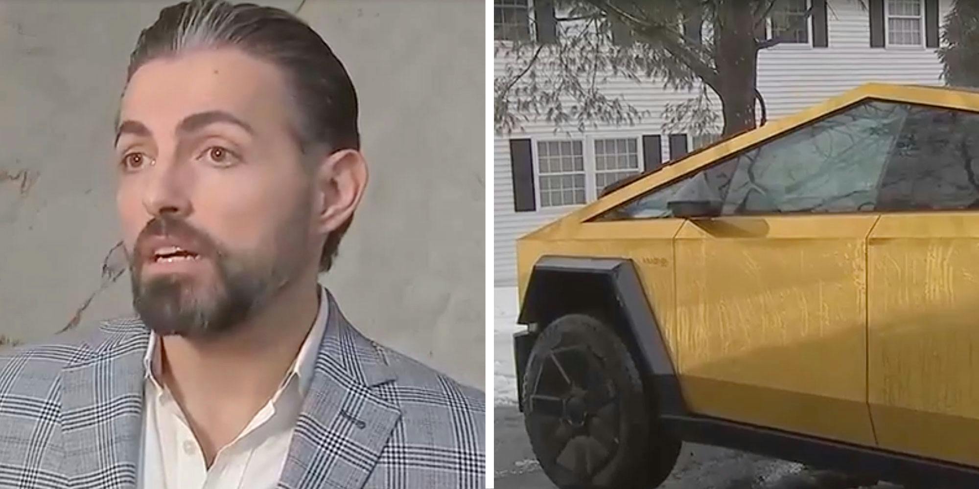 Screenshots from Boston News 25 of Dr. Dr. Kumait Jaroje and his Gold Cybertruck