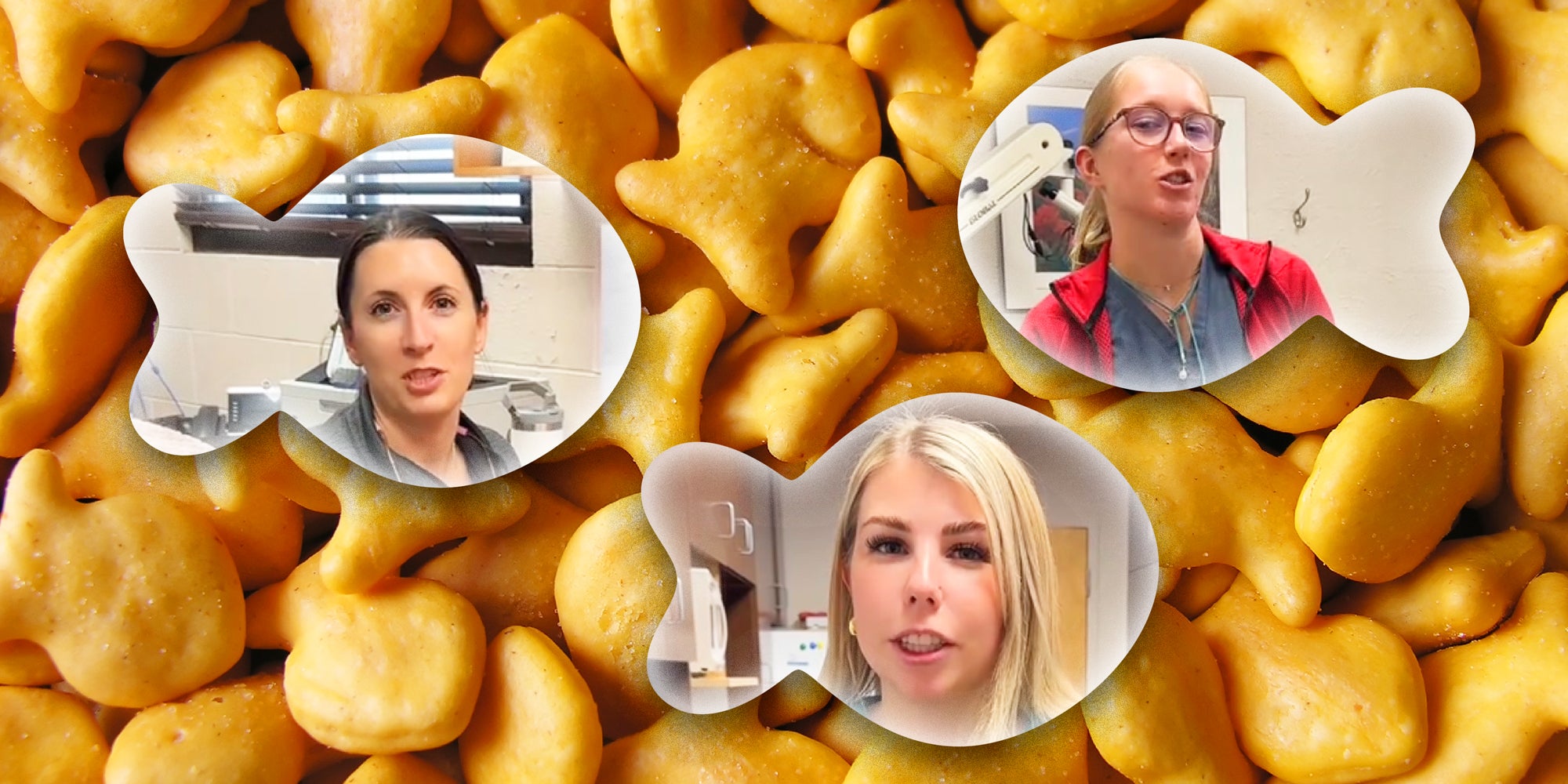 3 people float in front of a background of goldfish shaped snack crackers. They are framed by fish shapes.