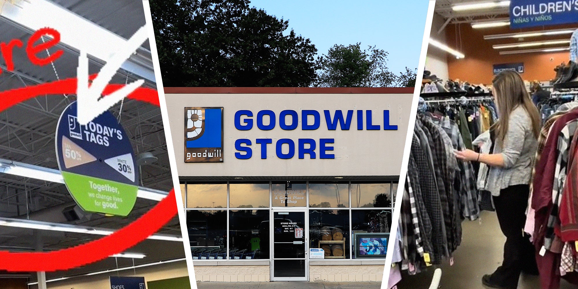 GoodWill Sign marked(l) GoodWill Store Front(c) Woman checking clothing rack(r)