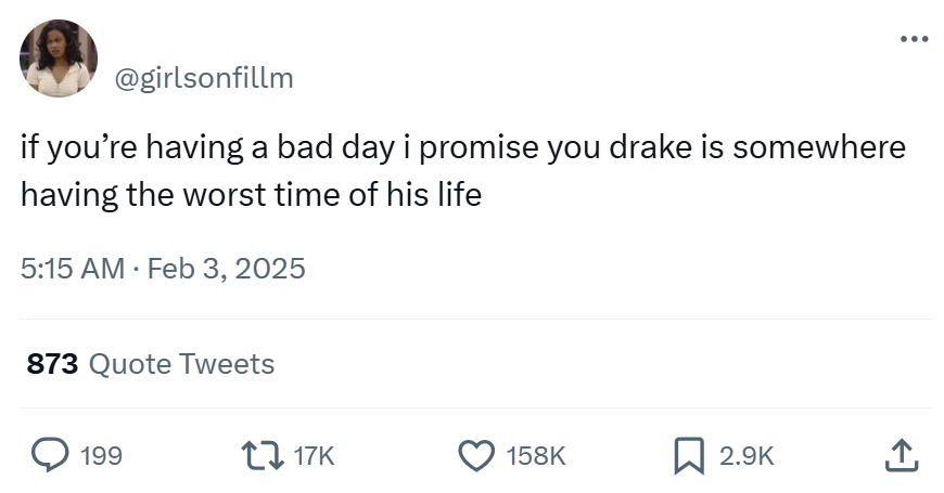 Grammys meme, text reads, 'if you’re having a bad day i promise you drake is somewhere having the worst time of his life'