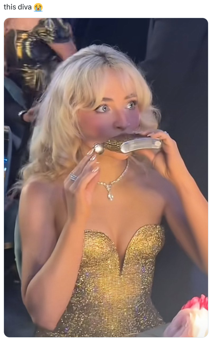 Grammys meme, text reads, 'this diva (sob emoji)' with a photo of Sabrina Carpenter sneaking a shot from her bedazzled flask.