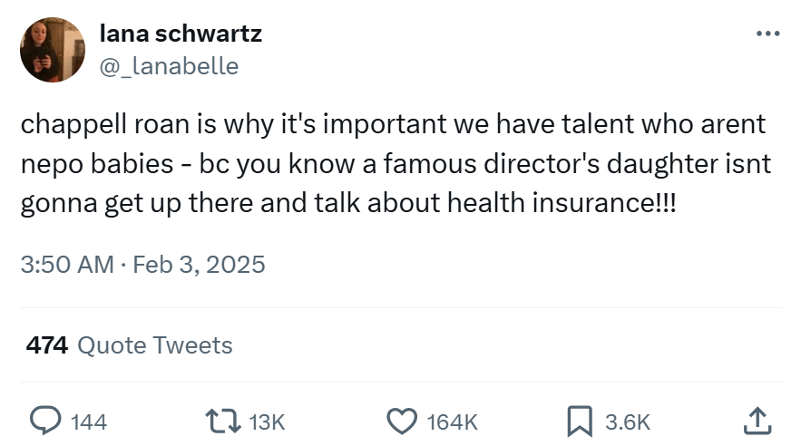 Grammys meme, text reads, 'chappell roan is why it's important we have talent who arent nepo babies - bc you know a famous director's daughter isnt gonna get up there and talk about health insurance!!!'