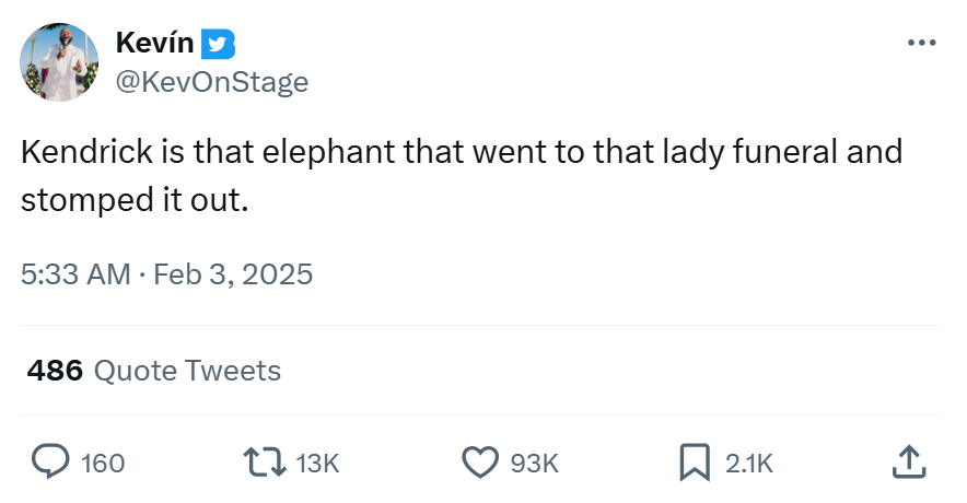 Grammys meme, text reads, 'Kendrick is that elephant that went to that lady funeral and stomped it out.'