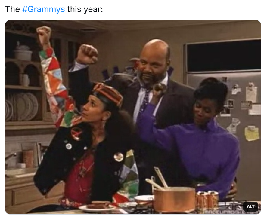 A scene from Fresh Prince of Bel-Air of three of the family members punching the air with their fists. Text reads, 'The #Grammys this year:'