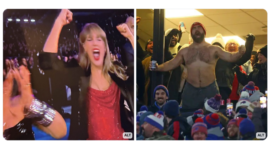 Grammys meme showing a side by side of Taylor and Jason Kelce in the crowd of their respective events.