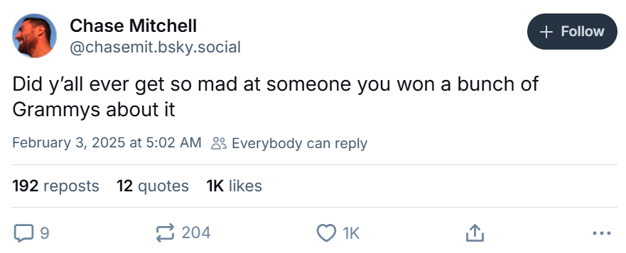Grammys meme, text reads, 'Did y’all ever get so mad at someone you won a bunch of Grammys about it'