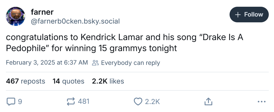 Grammys meme, text reads, 'congratulations to Kendrick Lamar and his song 'Drake Is A Pedophile' for winning 15 grammys tonight'