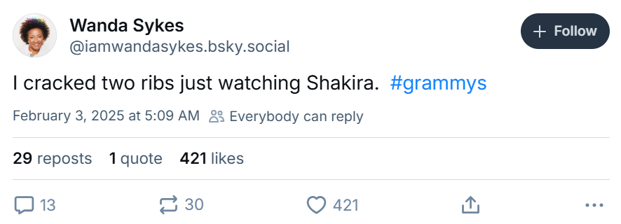 Grammys meme, text reads, 'I cracked two ribs just watching Shakira. #grammys'
