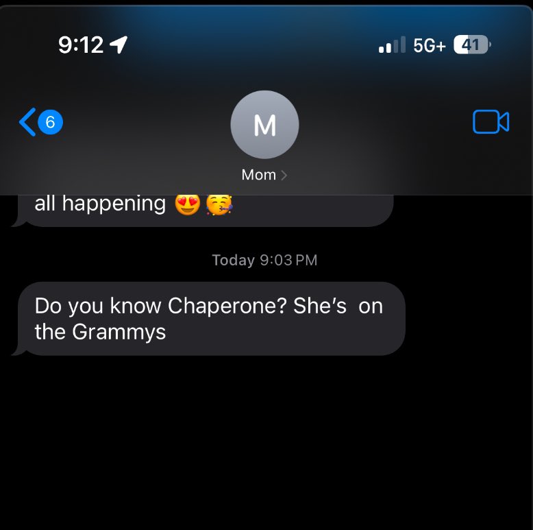 Grammys meme, text message from Mom reads, 'Do you know Chaperone? She's on the Grammys.'