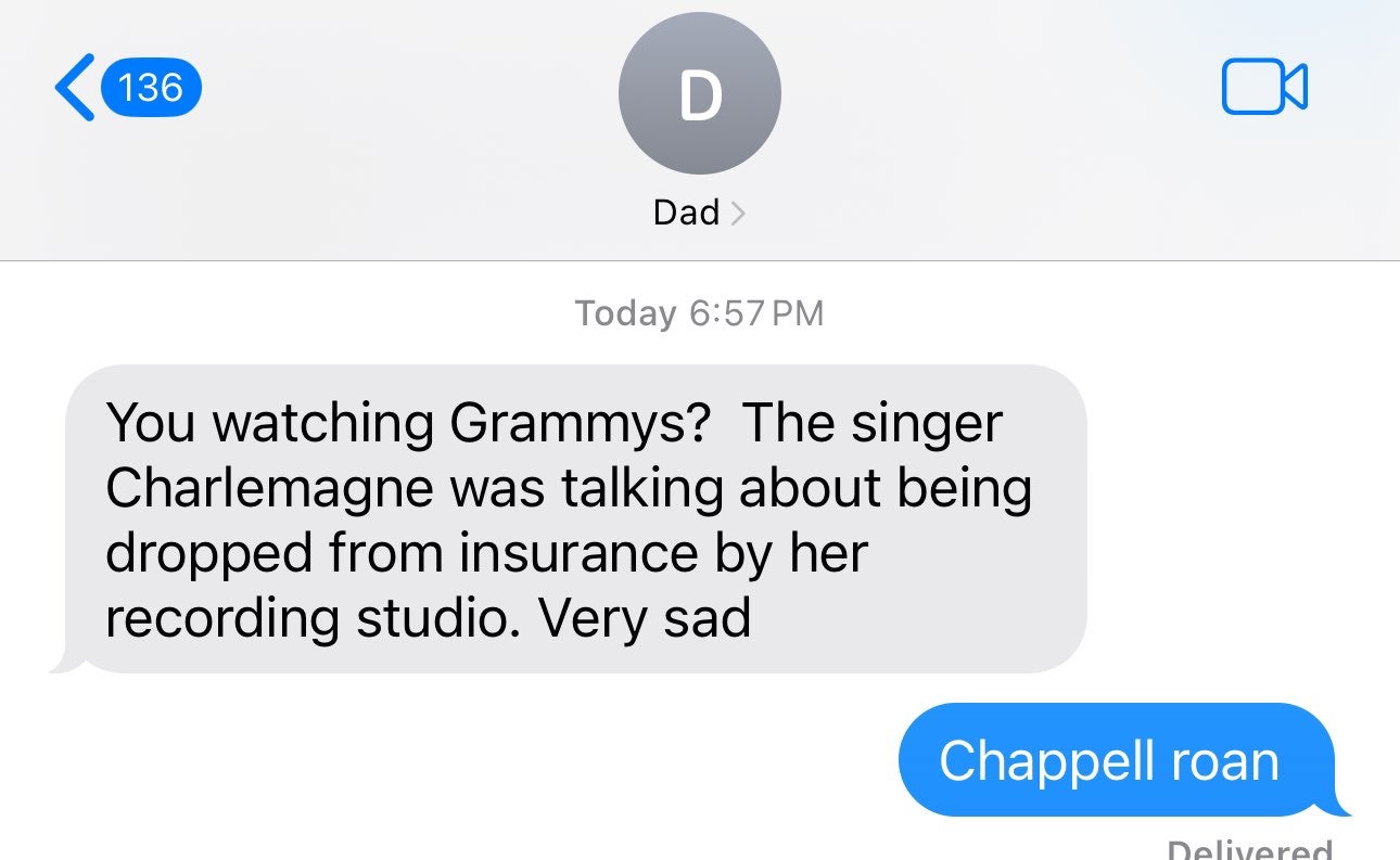 Grammys meme, text message from Dad reads, 'You watching Grammys? The singer Charlemagne was talking about being dropped from insurance by her recording studio. Very sad.'
