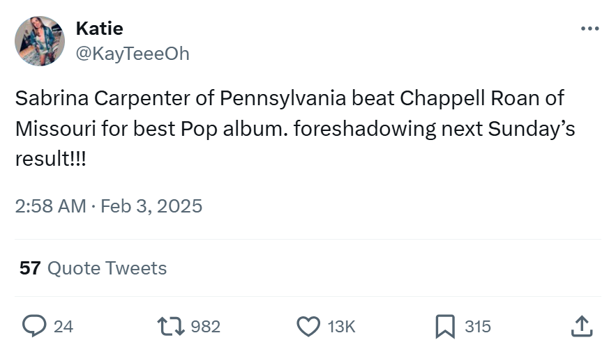 Grammys meme, text reads, 'Sabrina Carpenter of Pennsylvania beat Chappell Roan of Missouri for best Pop album. foreshadowing next Sunday’s result!!!'