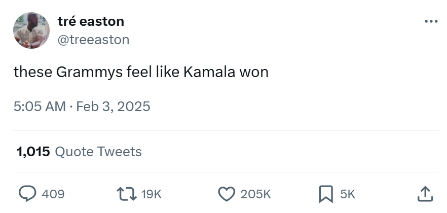 Grammys meme, text reads, 'these Grammys feel like Kamala won'