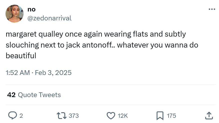 Grammys meme, text reads, 'margaret qualley once again wearing flats and subtly slouching next to jack antonoff.. whatever you wanna do beautiful'