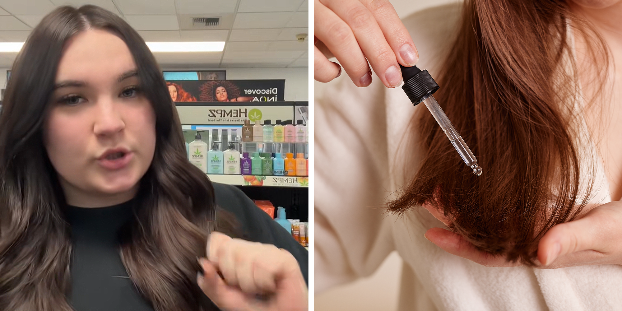 Woman sharing hair growth serum on left. Hair serum being applied with dropper to ends of hair on right.