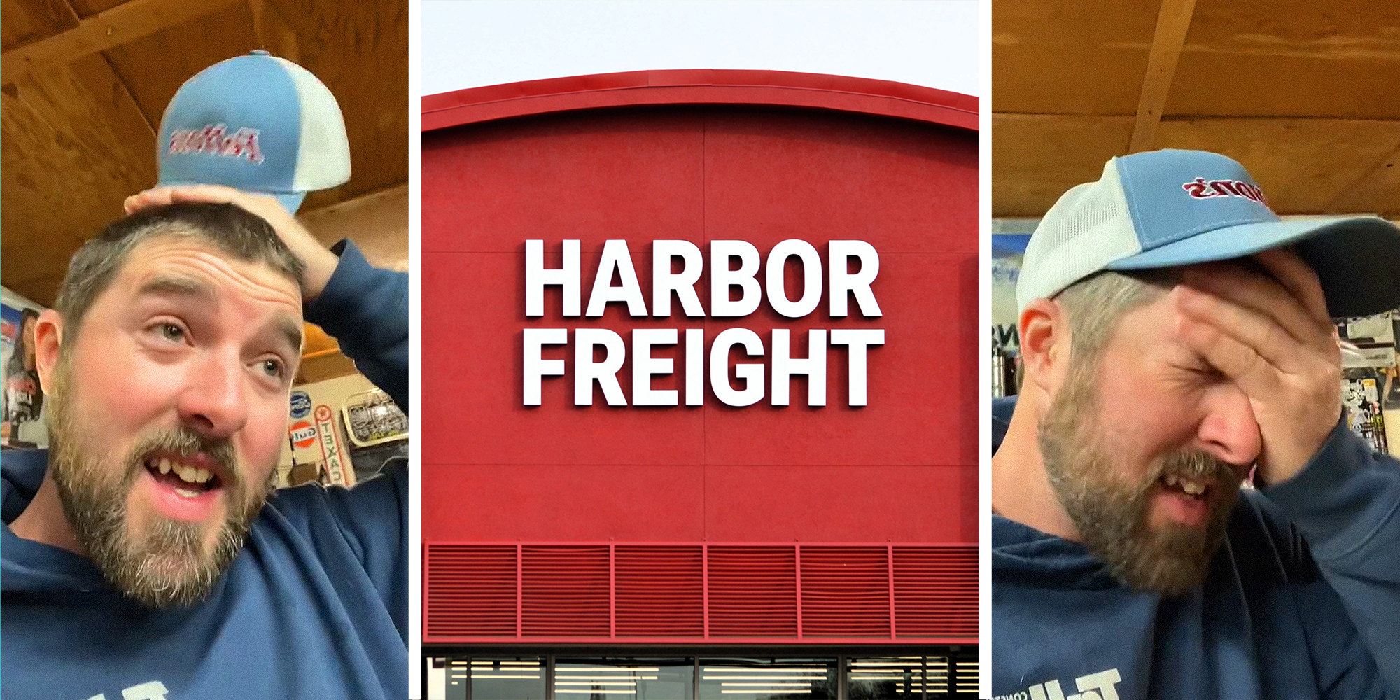 Man upset, explaining his experience at Harbor Freight on left and right. Harbor Freight store front in center.