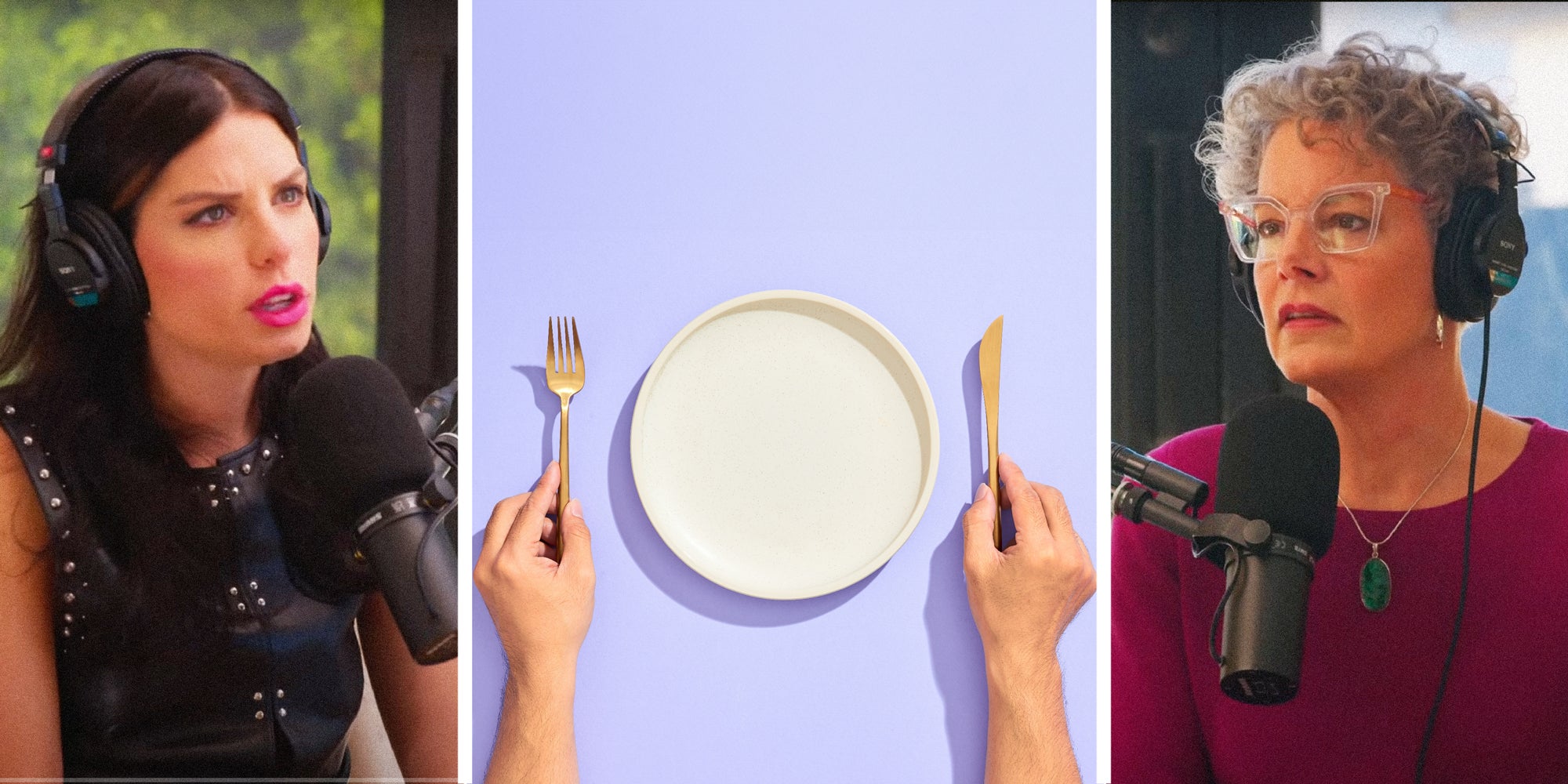 3 panel image: on the sides two people speak to each other, in the middle is an empty plate framed by a person's hands.