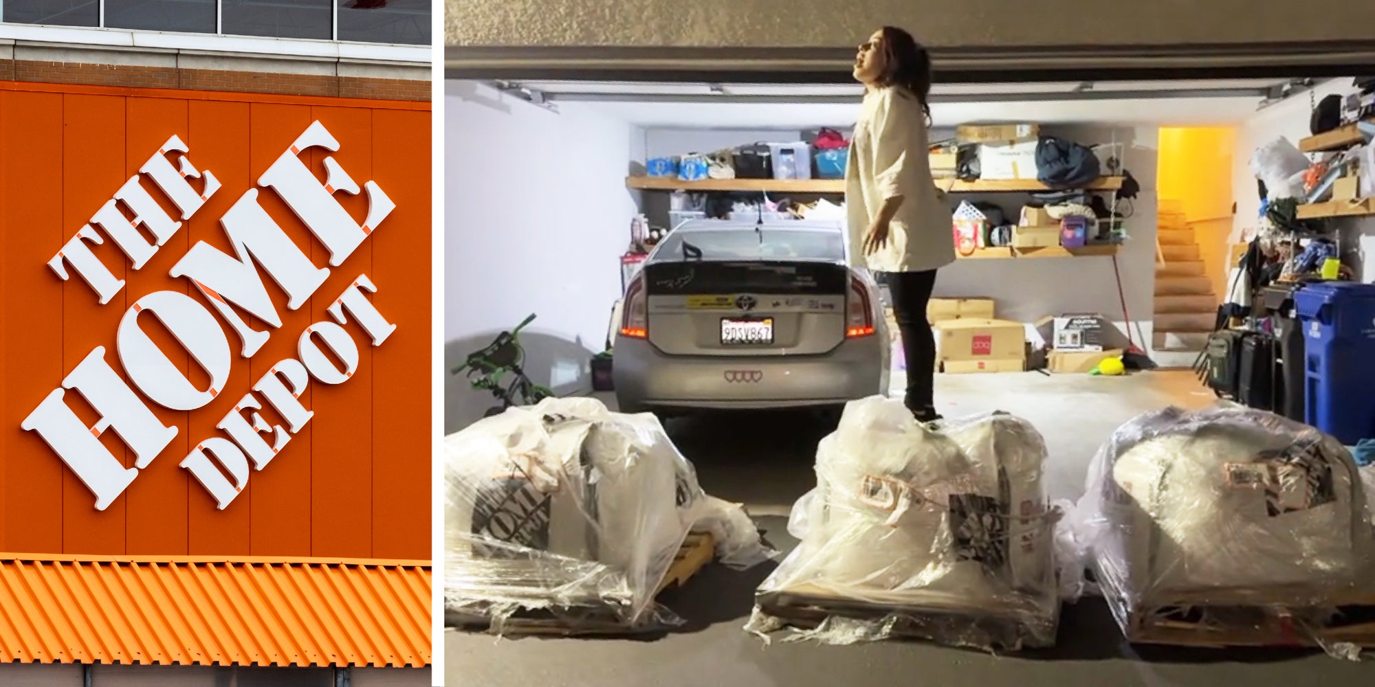 2 panel image: on the left is the Home Depot sign, and on the right a person stands on top of 3 large piles of sand in front of a garage.