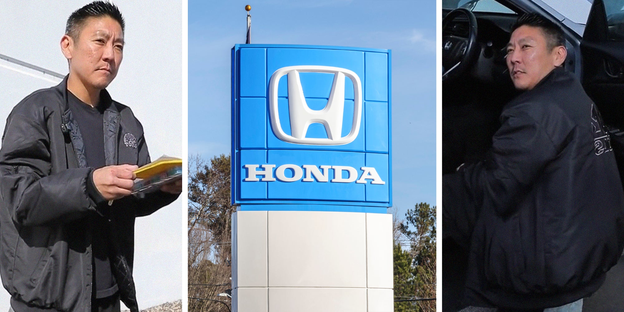 Mechanic holding car documents(l) Honda Dealer Sign(c) Mechanic checking vehicle fuse box(r)