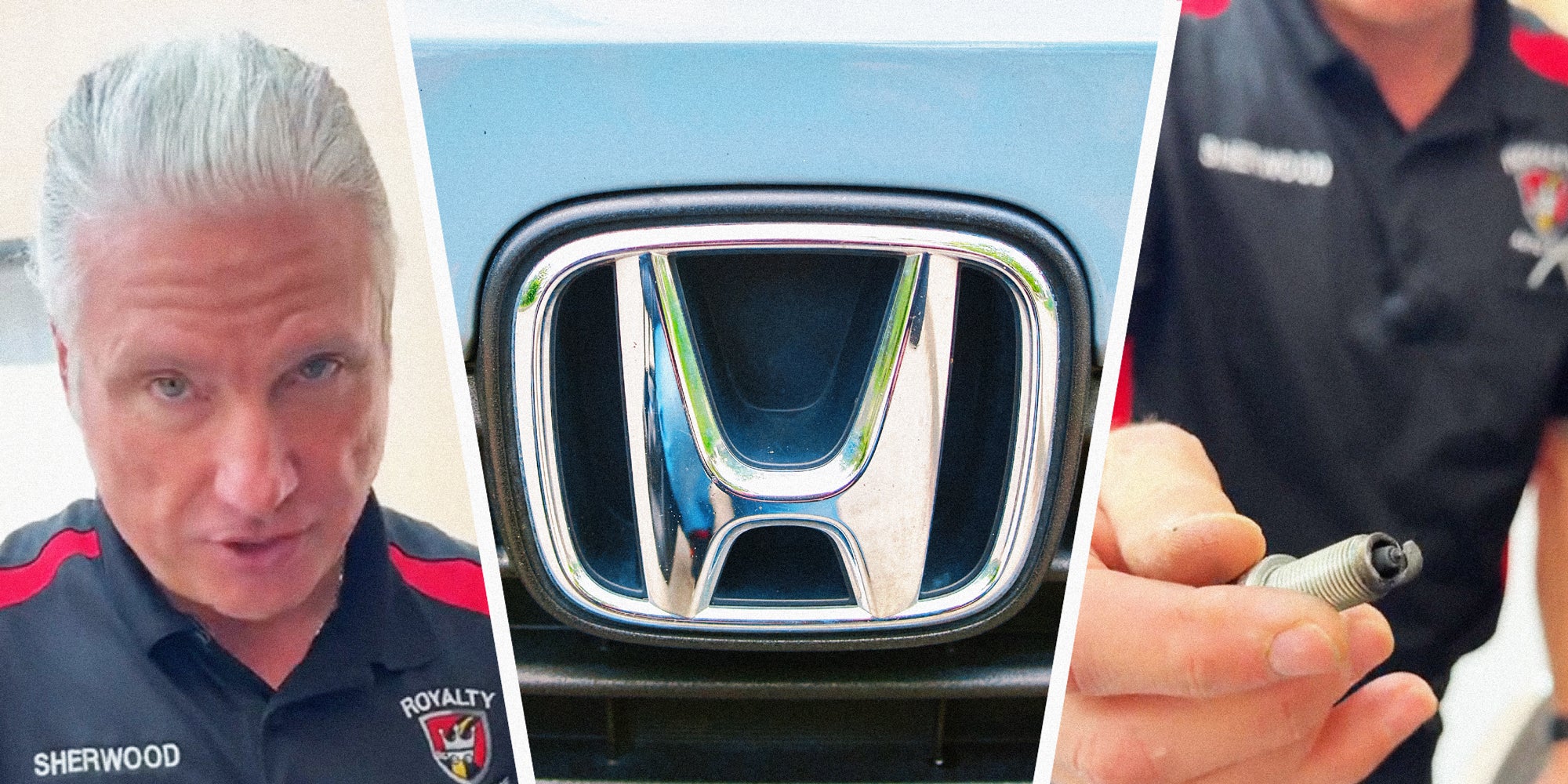 3 panel image: on the sides a person explains and in the middle is the Honda logo.