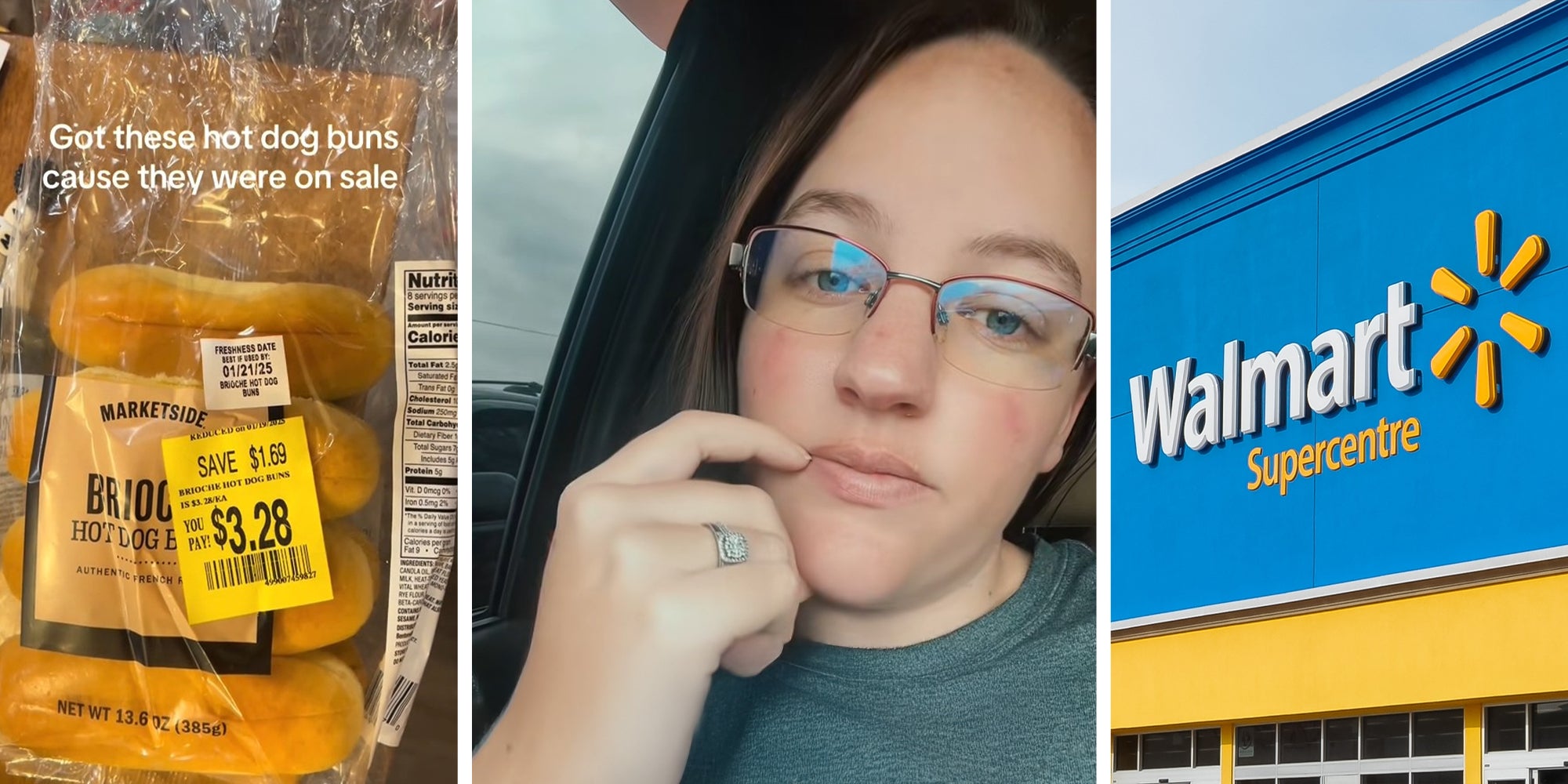 walmart hotdog buns(l) Woman shares what she bought at walmart(c) Walmart Store Front(c)