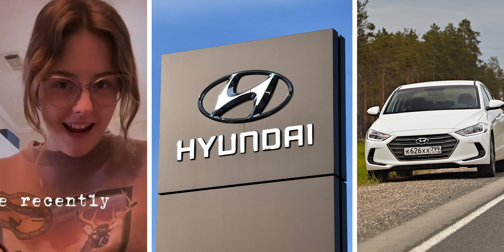 woman looking shocked(l) Hyundai Dealer Sign(c) White Hyundai Elantra