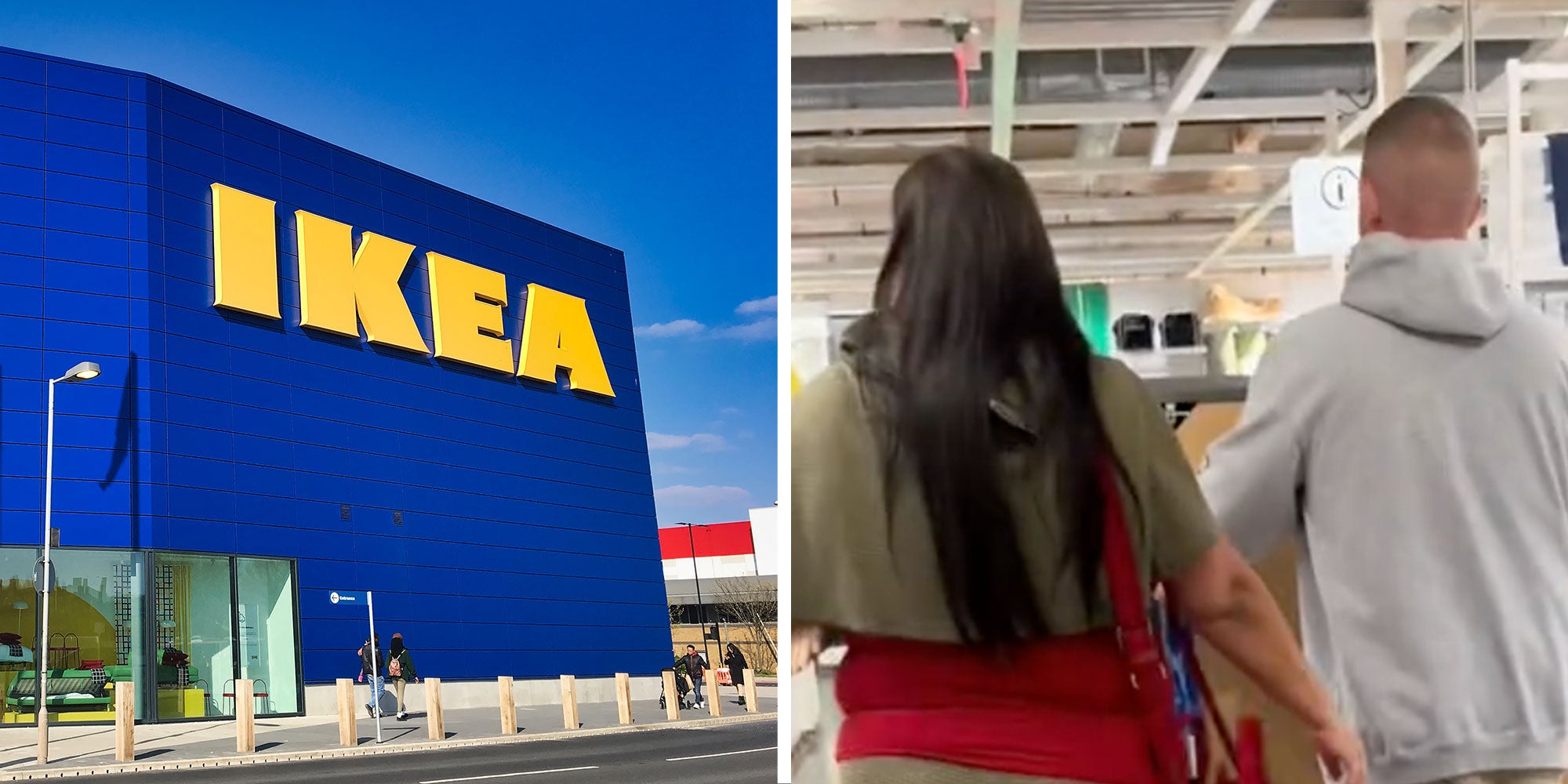 Photo of an IKEA exterior; Screenshot from @stizze220's Tiktok of a couple in an IKEA showroom.
