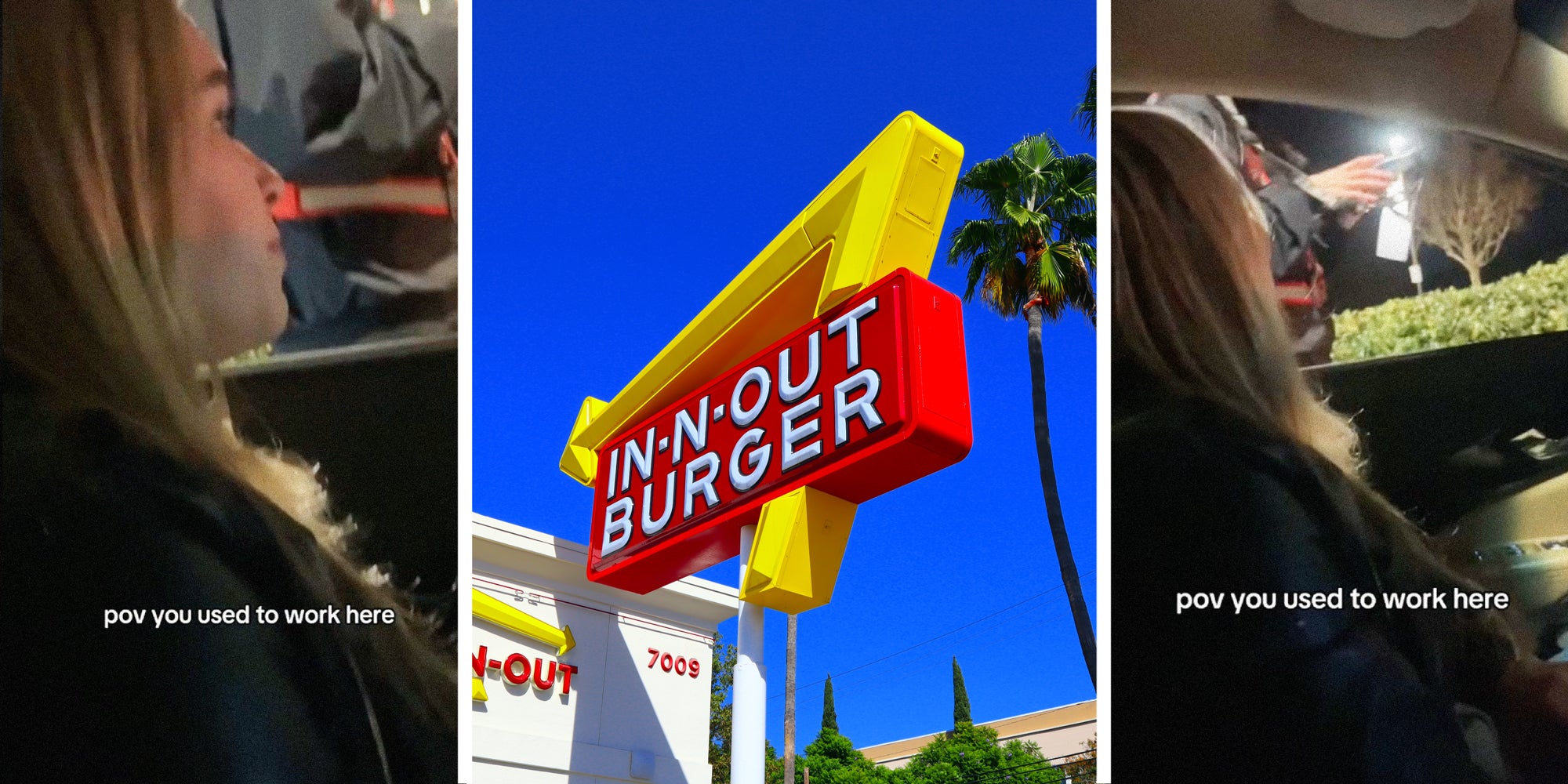 3 panel image: on the sides is a person ordering in the drive thru, in the middle is the In-N-Out restaurant sign.
