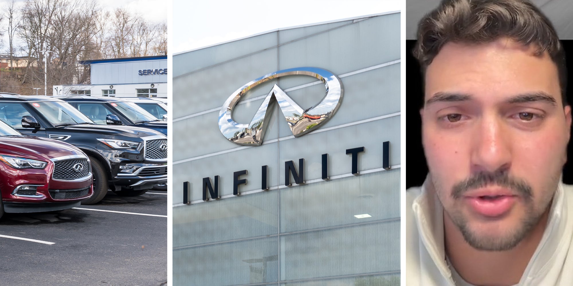 infiniti vehicles in car lot(l) Infiniti dealer sign(c) Man shares which infiniti vehicles are being discontinued(r)